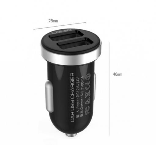 Зарядно за кола LDNIO DL-C22 / DC 12V -24V / с 2 USB порта 5V / 2.1A за Apple iPhone 5 / iPhone 5S / iPhone SE / iPhone 6 / iPhone 6 Plus / iPhone 7 - черно и сиво