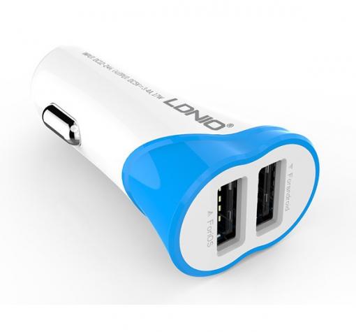 Зарядно за кола LDNIO C332 / DC 12V -24V / с 2 USB порта 5V / 3.4A за Samsung , Sony , HTC , Nokia , LG , Huawei, ZTE, Lenovo и др. - бяло и синьо