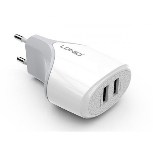 Оригинално зарядно устройство LDNIO A2268 220V с два USB порта 5V / 2.1A за Samsung, LG, HTC, Sony, Nokia, Huawei, ZTE, BlackBerry и др. - бяло и сиво
