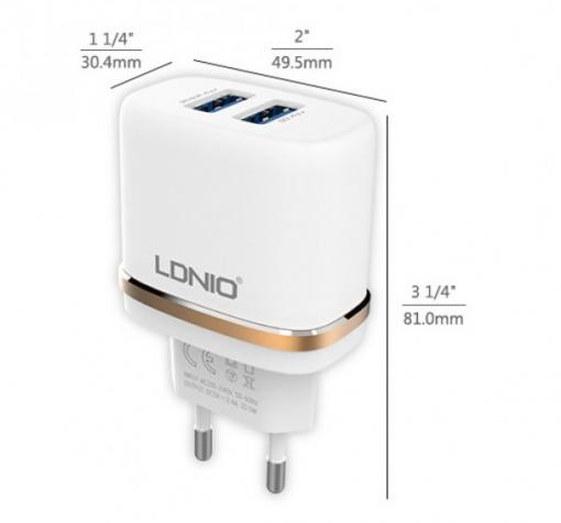 Универсално зарядно устройство LDNIO DL-AC52 220V с два USB порта 5V / 2.4A за Samsung , Apple , LG, HTC, Sony, Nokia, Huawei, ZTE, BlackBerry и др. - бяло и златисто