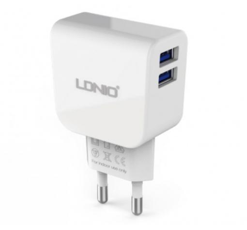 Универсално зарядно устройство LDNIO DL-AC56 220V с два USB порта 5V / 2.1A за Samsung , Apple , LG, HTC, Sony, Nokia, Huawei, ZTE, BlackBerry и др. - бяло
