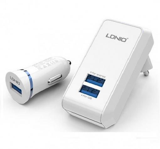 Универсално зарядно устройство LDNIO S100 3в1 с 2 USB порта 12V / 220V за Samsung , Apple , LG , HTC , Sony, Nokia, Huawei , ZTE, BlackBerry и др. - бяло