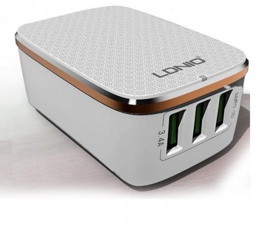 Универсално зарядно устройство LDNIO A3304 220V с 3 USB порта 5V / 3.4А за Samsung , Apple , LG , HTC , Sony, Nokia, Huawei , ZTE, BlackBerry и др. - бяло и бронзово