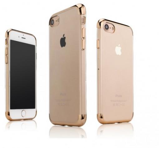 Луксозен ултра тънък силиконов калъф / гръб / TPU Ultra Thin Shining Case за Apple iPhone 7 - прозрачен / златист кант