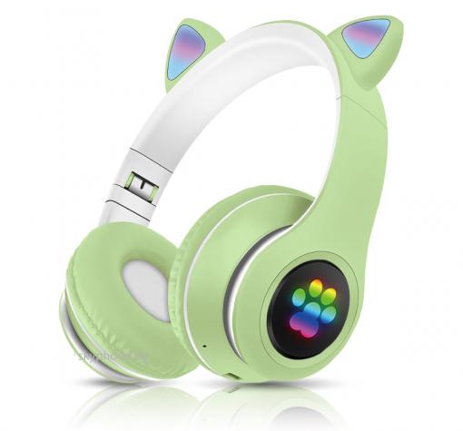 Стерео LED слушалки Bluetooth Cat Ear / Wireless Headphones / безжични LED слушалки Cat Ear P33M - зелени / котешки лапички