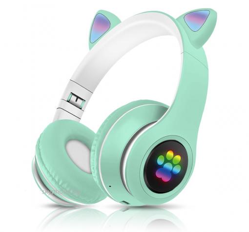 Стерео LED слушалки Bluetooth Cat Ear / Wireless Headphones / безжични LED слушалки Cat Ear P33M - мента / котешки лапички