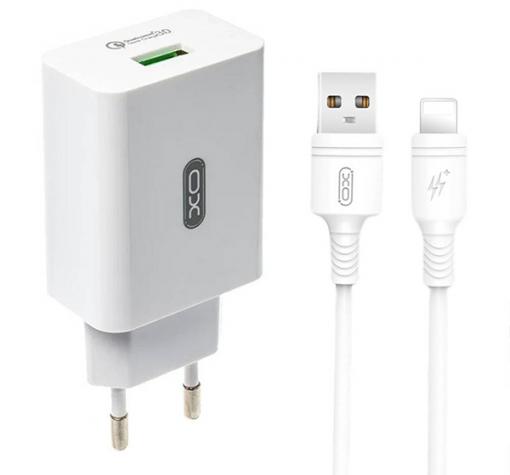 Зарядно устройство 220V XO-L63 USB-A/ QC3.0 + Lightning cable / 2.4A - бяло