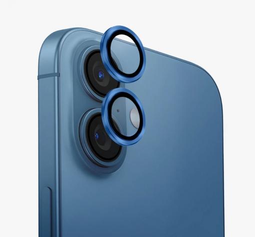 Стъклен протектор / 5D Tempered Glass Camera Lens / за задна камера на Apple iPhone 16 Plus (6.7) - метални рингове / син