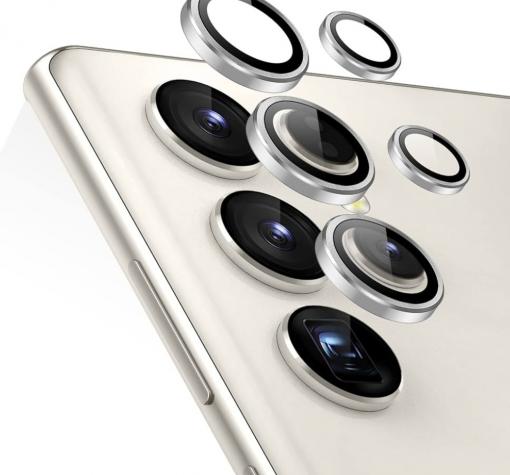 Стъклен протектор с метални рингове за задна камера за Samsung S24 Ultra - сребрист