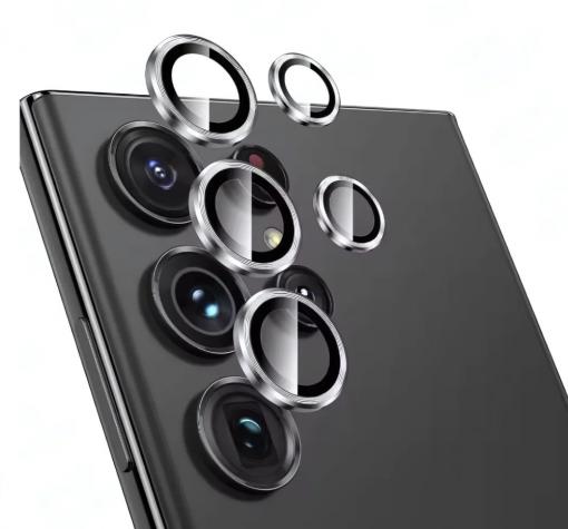 Стъклен протектор / 5D Tempered Glass Camera Lens / за задна камера на Samsung S25 Ultra - метални рингове / сребрист