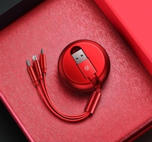 3in1 Retractable charging Cable DIVI / 3в1 кабел iPhone USB / Type C / рулетка 3.5A - червен