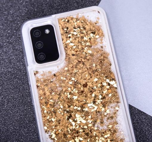 Луксозен твърд гръб / кейс / 3D Water Case за Samsung S22 Ultra - прозрачен кейс с течен брокат / златист