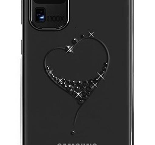 Луксозен твърд гръб KINGXBAR Swarovski Diamond за Samsung S20 Plus - прозрачен с черен кант / сърце