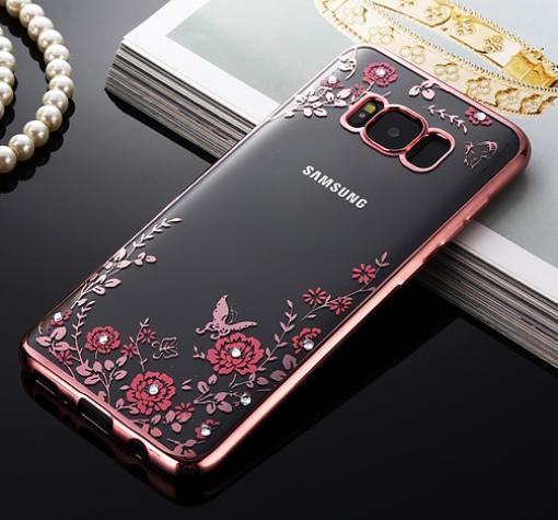 Луксозен силиконов калъф / гръб / TPU с камъни за Samsung S8 Plus G955 - прозрачен / розови цветя / Rose Gold кант