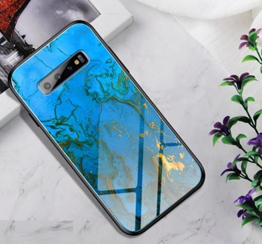 Луксозен стъклен твърд гръб за Samsung S10 Plus - син / златисти орнаменти