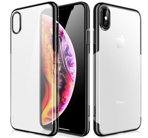 Луксозен твърд гръб Baseus Glitter Clear Case за Apple iPhone XS Max - прозрачен / черен кант