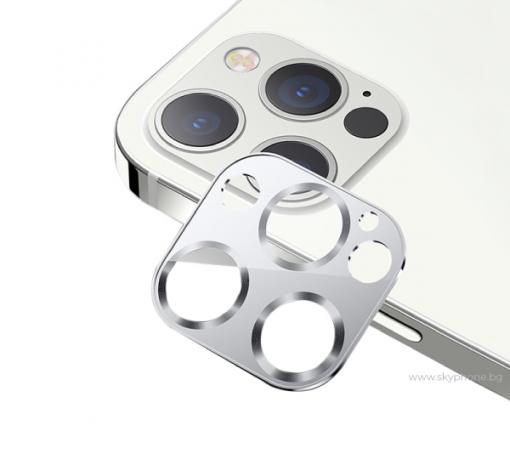 USAMS Tempered Glass Metal Camera Lens Apple iPhone 12 Pro Max / Стъклен протектор за задна камера на Apple iPhone 12 Pro Max - сребрист