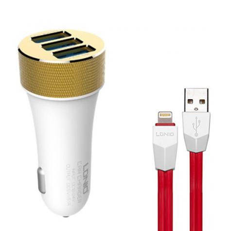 Оригинален USB кабел LDNIO C50 Car Charger 12V / 3 USB порта и Micro USB кабел 5.1A за Apple iPhone 5 / iPhone 5S / iPhone SE / iPhone 6 / iPhone 6 Plus - бяло / червено
