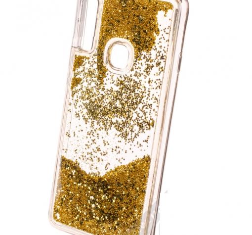 Луксозен твърд гръб 3D Water Case за Huawei Y7 2019 - прозрачен / течен гръб с брокат / златист