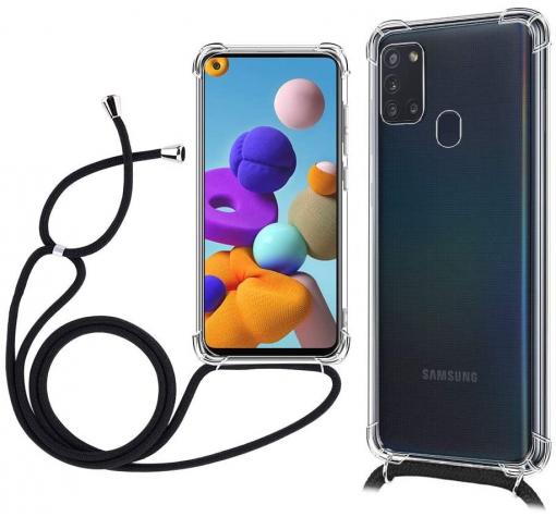 Удароустойчив силиконов калъф / гръб / TPU с връзка за Samsung A21s - прозрачен / черна връзка