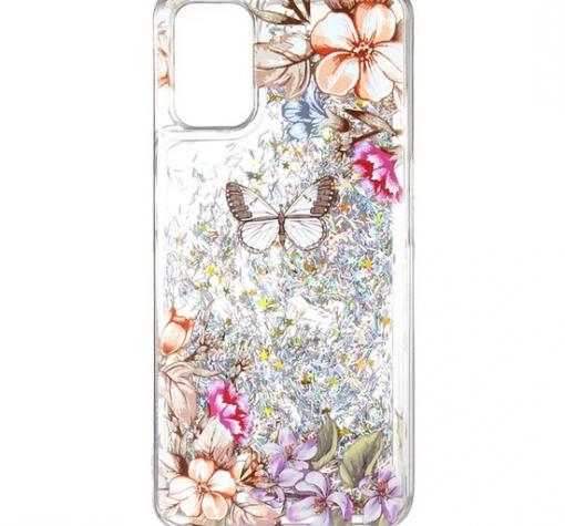 Луксозен твърд гръб / кейс / 3D Water Case за Samsung A72 5G - прозрачен / сребрист брокат / цветя и пеперуди