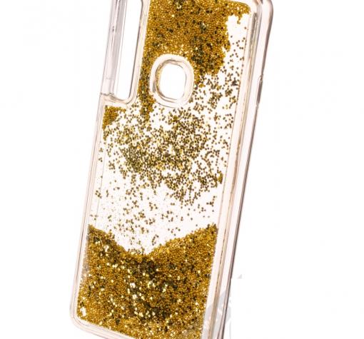 Луксозен твърд гръб 3D Water Case за Samsung A9 A920F 2018 - прозрачен / течен гръб с брокат / златист