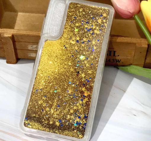 Луксозен твърд гръб 3D Water Case за Samsung A7 2018 A750F - прозрачен / течен гръб със златист брокат / звездички