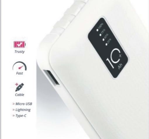Универсална външна батерия Powerway TX108 Digital Display 10000mAh / Universal Power Bank Digital Display Powerway TX108 10000mAh + кабели USB-C, Lightning, micro USB - бяла