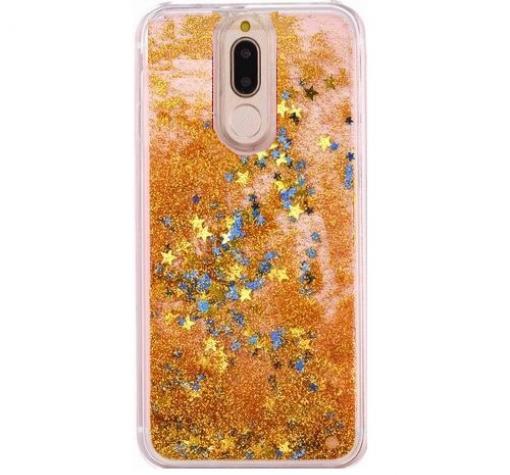 Луксозен твърд гръб 3D Water Case за Huawei Mate 20 Lite - прозрачен / течен гръб със златист брокат / звездички