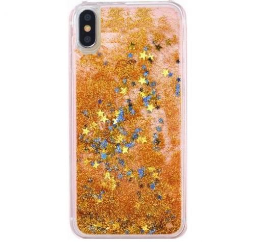 Луксозен твърд гръб 3D Water Case за Apple iPhone X / iPhone XS - прозрачен / течен гръб със златист брокат / звездички