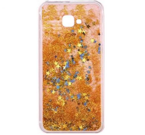 Луксозен твърд гръб 3D Water Case за Samsung J4 Plus 2018 - прозрачен / течен гръб със златист брокат / звездички