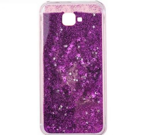 Луксозен твърд гръб 3D Water Case за Samsung J4 Plus 2018 - прозрачен / течен гръб с лилав брокат / звездички