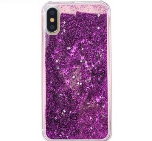 Луксозен твърд гръб 3D Water Case за Apple iPhone XR - прозрачен / течен гръб с лилав брокат / звездички