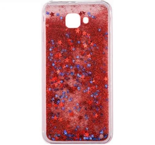 Луксозен твърд гръб 3D Water Case за Samsung J4 Plus 2018 - прозрачен / течен гръб с червен брокат / звездички
