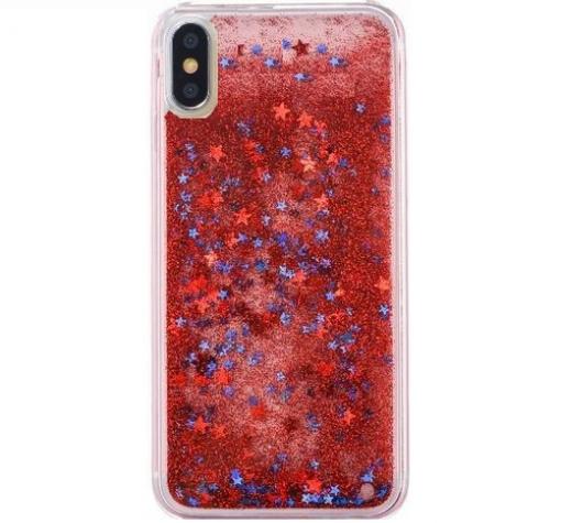 Луксозен твърд гръб 3D Water Case за Apple iPhone X / iPhone XS - прозрачен / течен гръб с червен брокат / звездички
