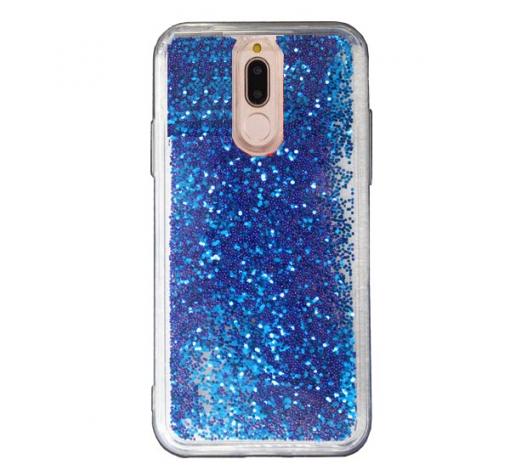 Луксозен твърд гръб 3D Water Case за Huawei Mate 20 Lite - прозрачен / течен гръб със син брокат