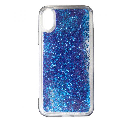 Луксозен твърд гръб 3D Water Case за Apple iPhone XR - прозрачен / течен гръб със син брокат