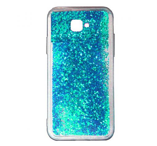 Луксозен твърд гръб 3D Water Case за Samsung J4 Plus 2018 - прозрачен / течен гръб със светло син брокат / звездички