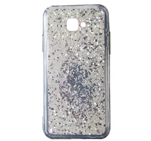 Луксозен твърд гръб 3D Water Case за Samsung J4 Plus 2018 - прозрачен / течен гръб със сребрист брокат