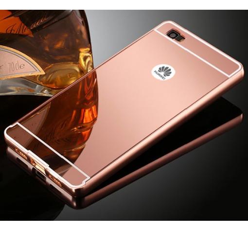 Луксозен алуминиев бъмпер с твърд гръб за Huawei Ascend P8 Lite / Huawei P8 Lite - Rose Gold / огледален