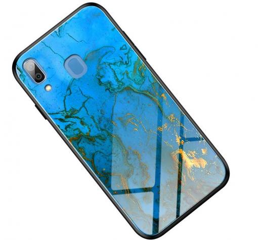 Луксозен стъклен твърд гръб за Samsung A20e - син със златисто