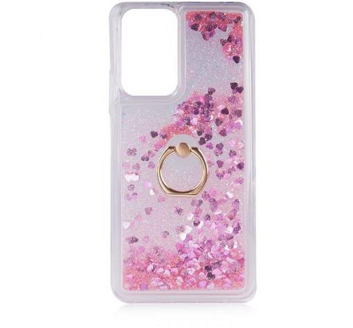 Луксозен твърд кейс 3D Water Case със стойка Ring за Xiaomi Poco F3 - прозрачен / течен гръб с брокат / сърца / розов