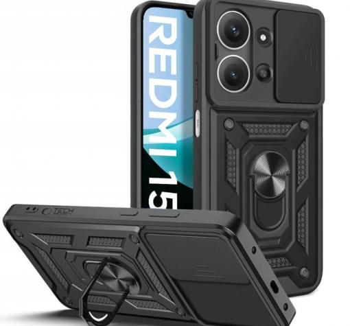 Удароустойчив гръб TPU кейс Slide Camera Case Magnetic Finger Ring Car Holder за Xiaomi Redmi 15C - черен