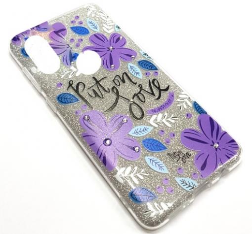 Силиконов калъф / гръб / TPU за Huawei P40 lite E - сребрист брокат / лилави цветя / Put on Love