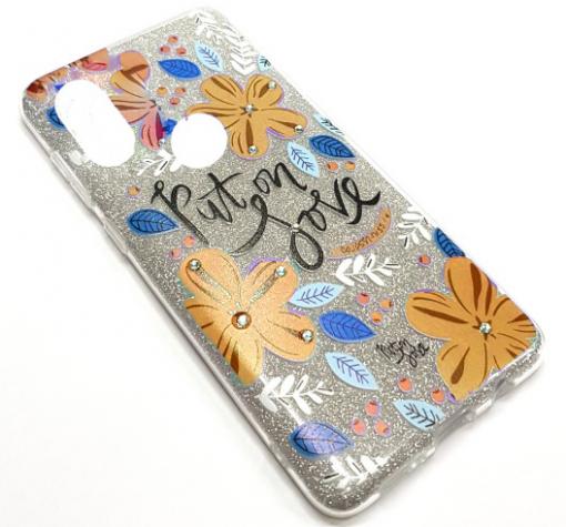 Силиконов калъф / гръб / TPU за Huawei P30 lite - сребрист брокат / оранжеви цветя / Put on Love