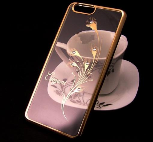 Луксозен силиконов калъф / гръб / TPU / Elegant с камъни за Huawei Y5 2018 - прозрачен със златист кант / перо