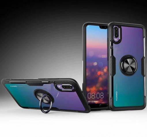 Луксозен гръб Hybrid с магнитна стойка и силиконов кант за Huawei Y5 2019 - прозрачен / черен кант