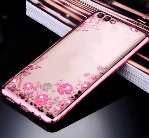 Луксозен силиконов калъф / гръб / TPU с камъни за Huawei Y6 2018 - прозрачен / розови цветя / Rose Gold кант