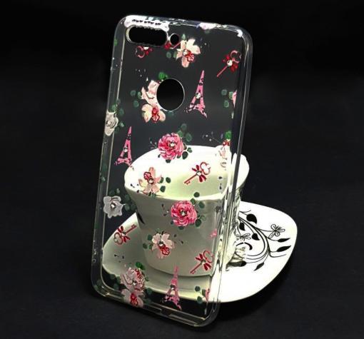 Луксозен силиконов калъф / гръб / TPU с камъни за Huawei Y7 2018 / Y7 2018 Prime - Айфелова кула и цветя