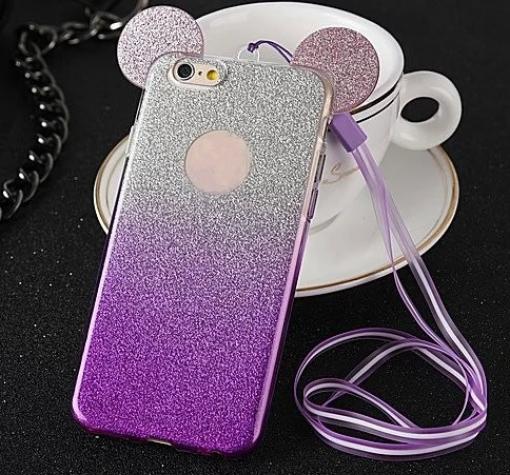 Луксозен силиконов калъф / гръб / TPU 3D за Apple iPhone 7 / iPhone 8 - преливащ / лилаво и сребристо / брокат / миши ушички / 2в1